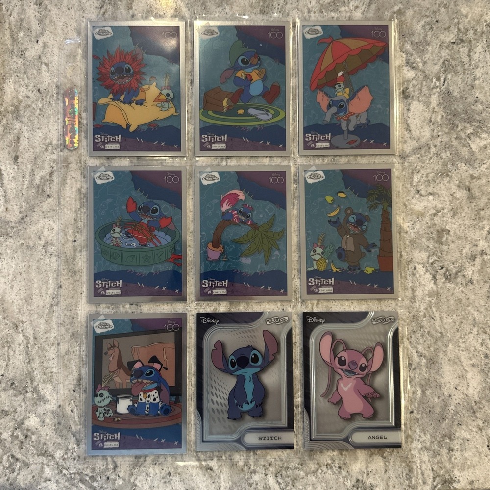 7 2023 Topps Chrome Disney 100 Stitch in Costume Set & 2 Chroma CDL-FB-19 & 20
